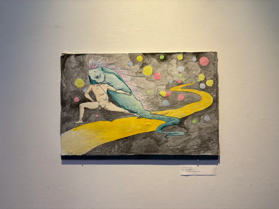 Balancing Act (2026) — watercolor on paper and wood