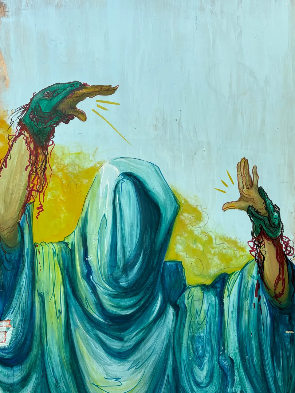 Small Voices (2025) — oil and ink on wood