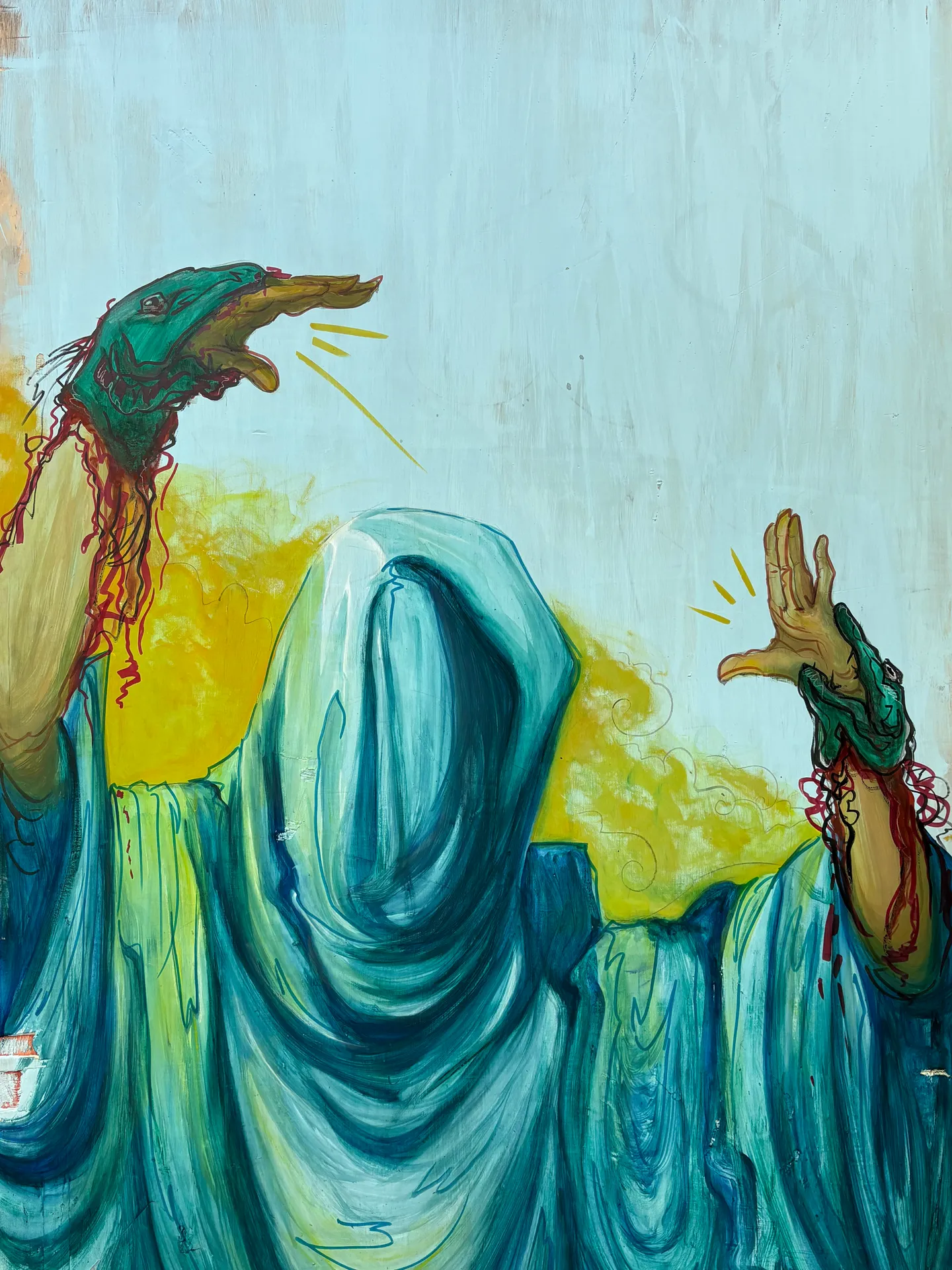 Small Voices (2025) — oil and ink on wood